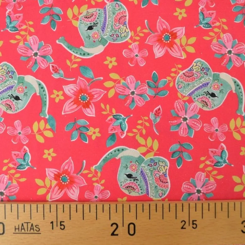 Tissu Popeline Indian Elephants - Corail