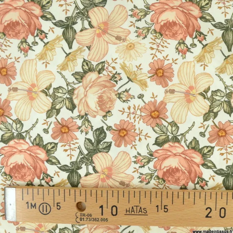 Tissu popeline Jardin Anglais Marsala et Kaki