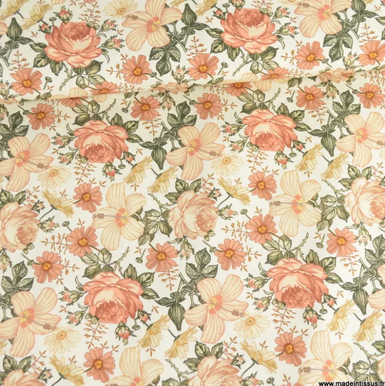Tissu popeline Jardin Anglais Marsala et Kaki