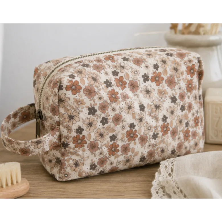 Tissu popeline Léonce fleurs caramel et beige fond écru