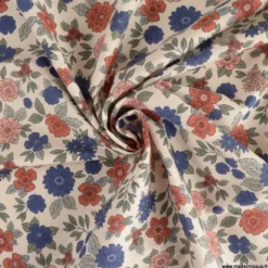 Tissu popeline Marion motif fleurs bleu et brique fond ecru - exclusif