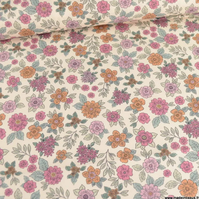 Tissu popeline Marion motif fleurs fuchsia et camel fond ecru - exclusif