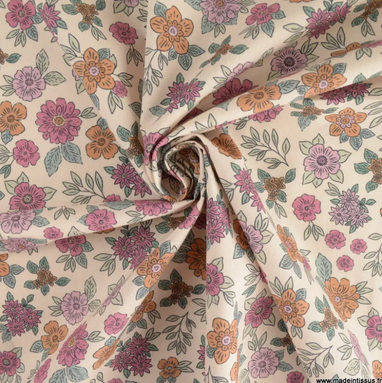 Tissu popeline Marion motif fleurs fuchsia et camel fond ecru - exclusif