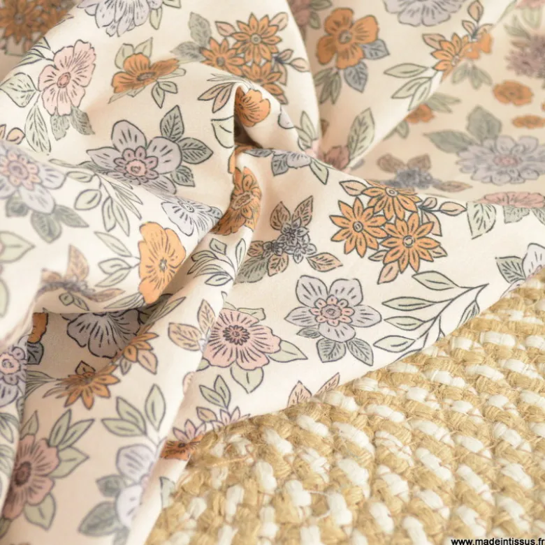 Tissu popeline Marion motif fleurs fond ecru - exclusif