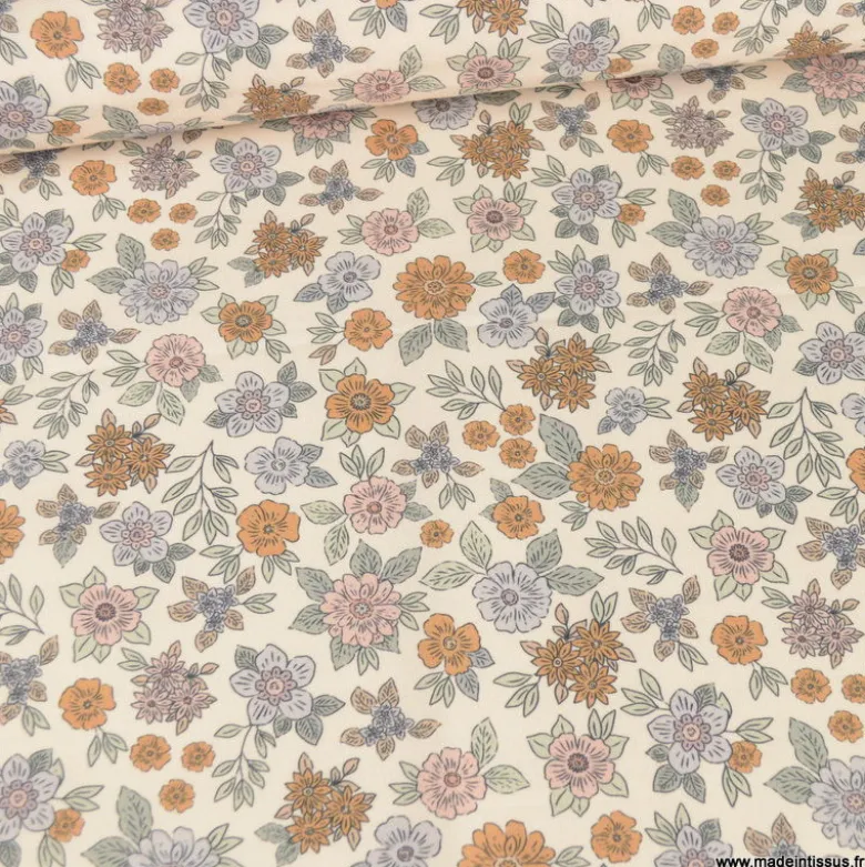 Tissu popeline Marion motif fleurs fond ecru - exclusif