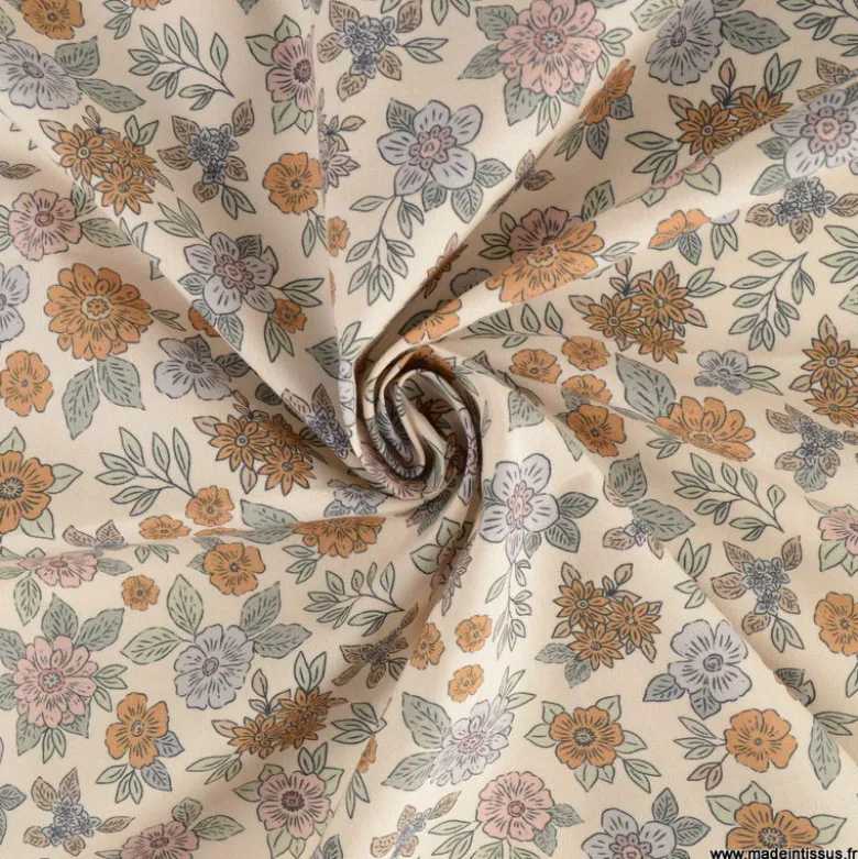 Tissu popeline Marion motif fleurs fond ecru - exclusif