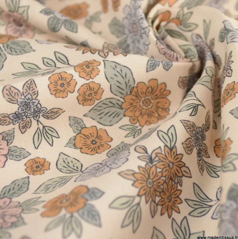 Tissu popeline Marion motif fleurs fond ecru - exclusif