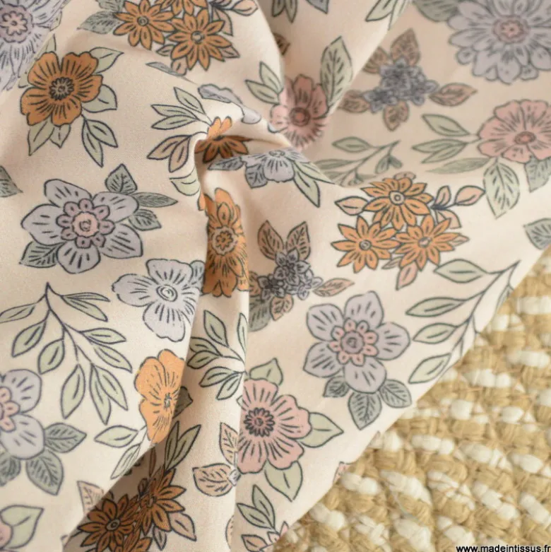 Tissu popeline Marion motif fleurs fond ecru - exclusif
