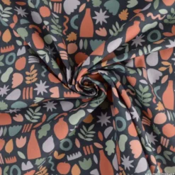 Tissu popeline motif amphores, fruits et feuilles graphique marsala et rose fond marine - exclusif