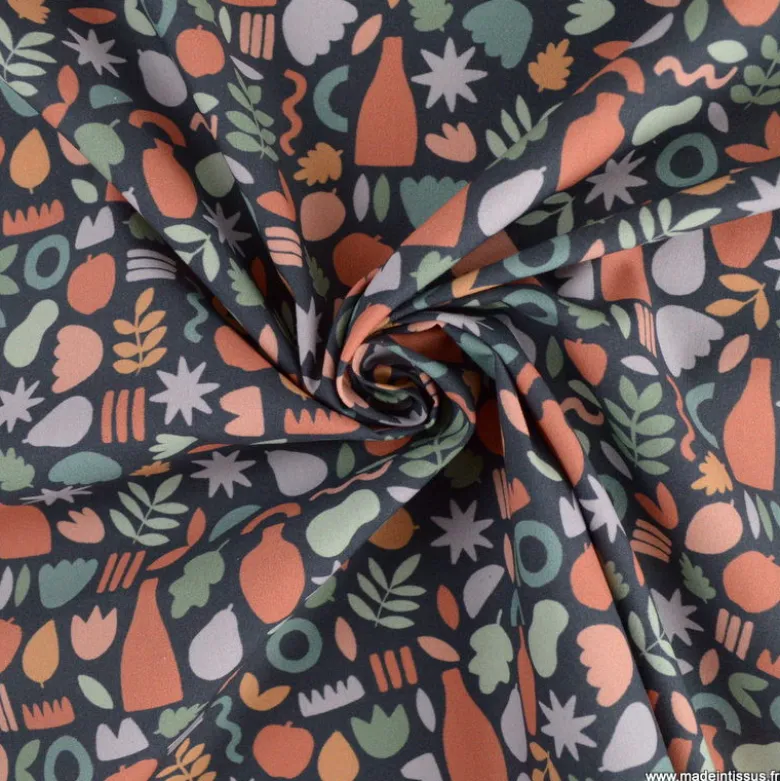 Tissu popeline motif amphores, fruits et feuilles graphique marsala et rose fond marine - exclusif