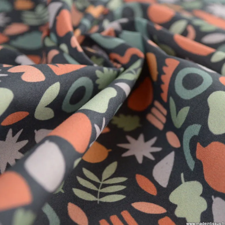 Tissu popeline motif amphores, fruits et feuilles graphique marsala et rose fond marine - exclusif