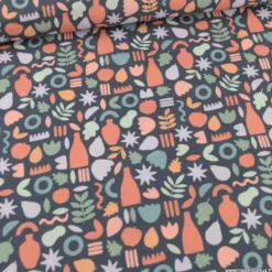Tissu popeline motif amphores, fruits et feuilles graphique marsala et rose fond marine - exclusif