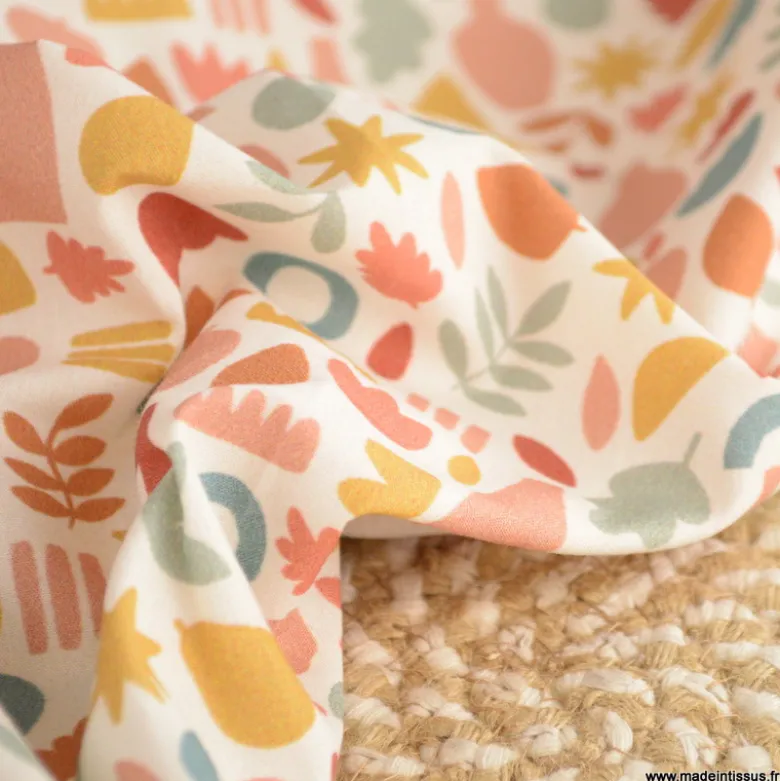 Tissu popeline motif amphores, fruits et feuilles graphique brique et marsala - exclusif