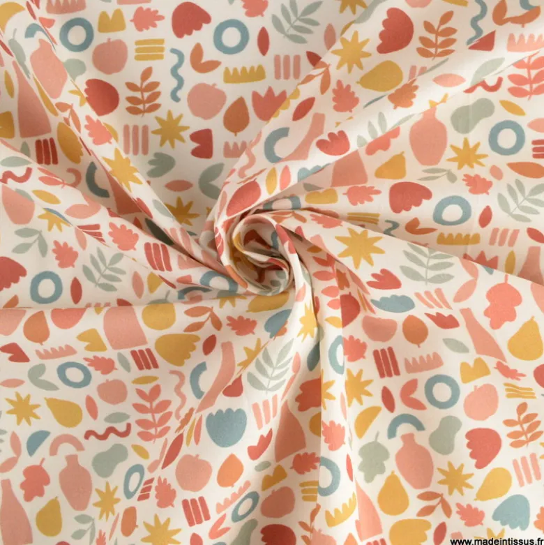 Tissu popeline motif amphores, fruits et feuilles graphique brique et marsala - exclusif