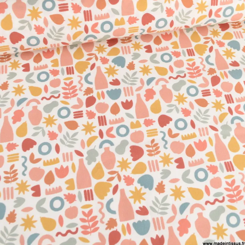 Tissu popeline motif amphores, fruits et feuilles graphique brique et marsala - exclusif