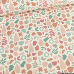 Tissu popeline motif amphores, fruits et feuilles graphique camel, rose et vert - exclusif