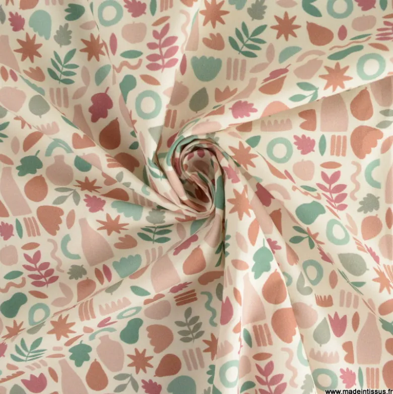 Tissu popeline motif amphores, fruits et feuilles graphique camel, rose et vert - exclusif