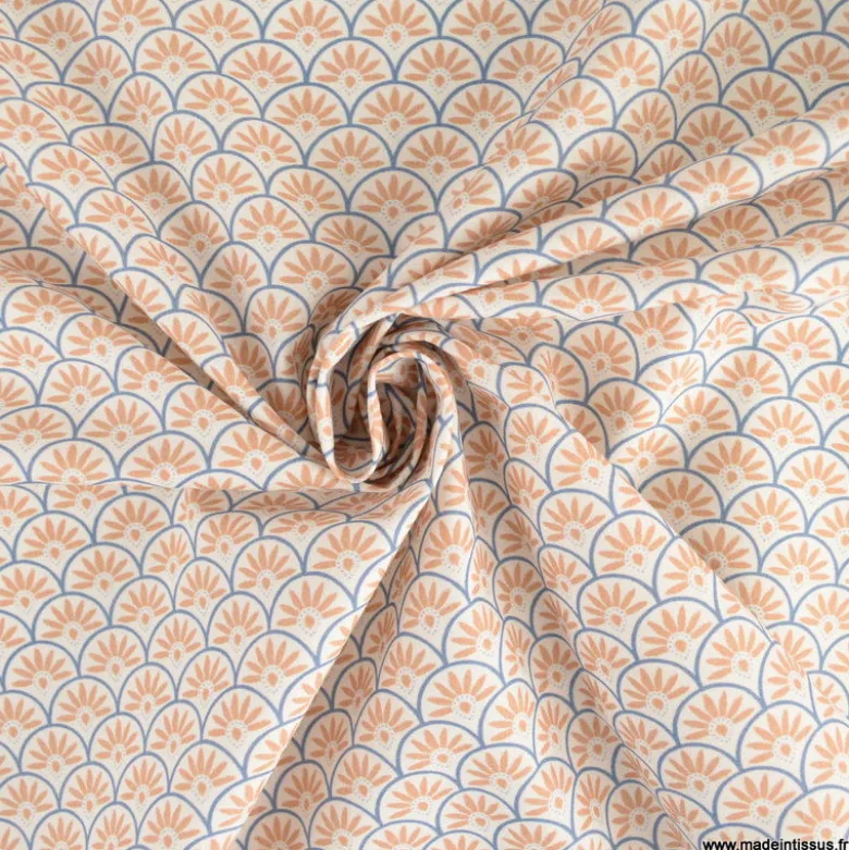 Tissu popeline motif écailles bleu et camel - exclusif