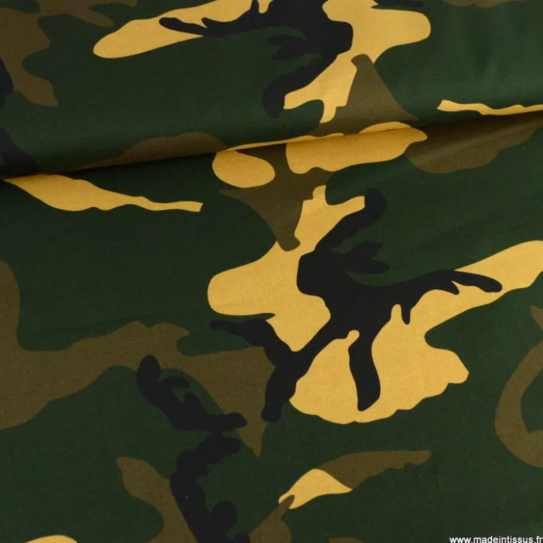 Tissu popeline motif camouflage armée vert kaki et beige