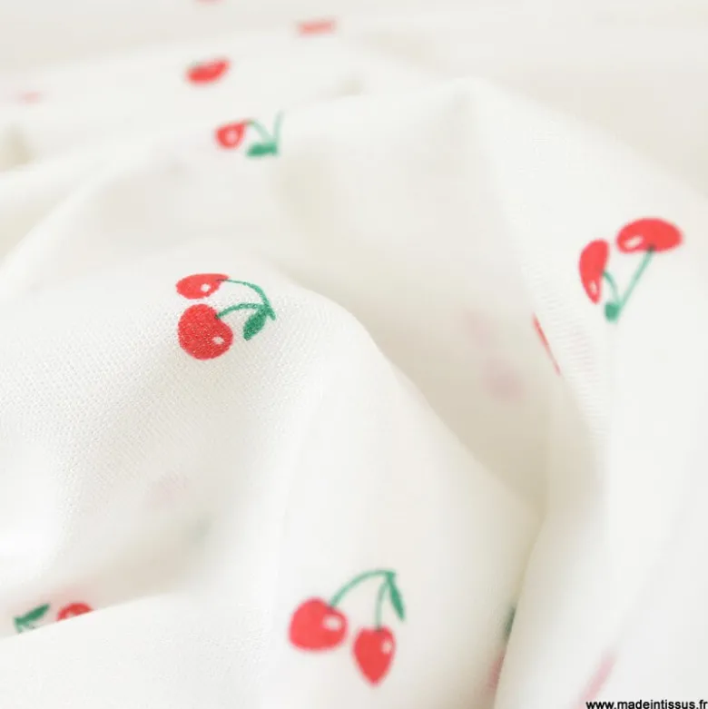 Tissu Popeline motifs Cerises fond Blanc - OEKO TEX