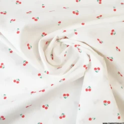 Tissu Popeline motifs Cerises fond Blanc - OEKO TEX