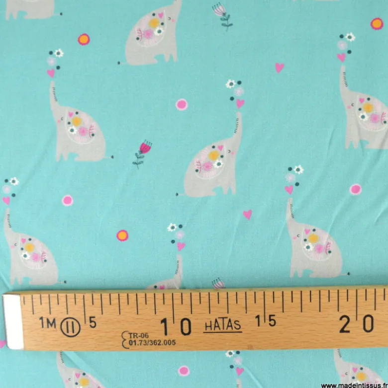 Tissu popeline motifs éléphants et fleurs fond Turquoise - OEKO TEX