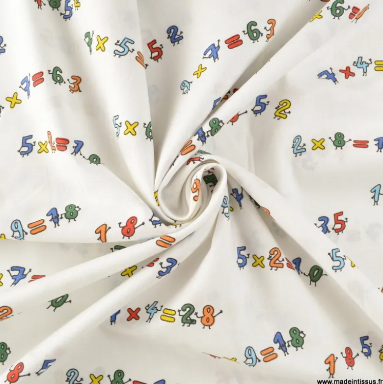 Tissu popeline motifs multiplications fond blanc - OEKO TEX