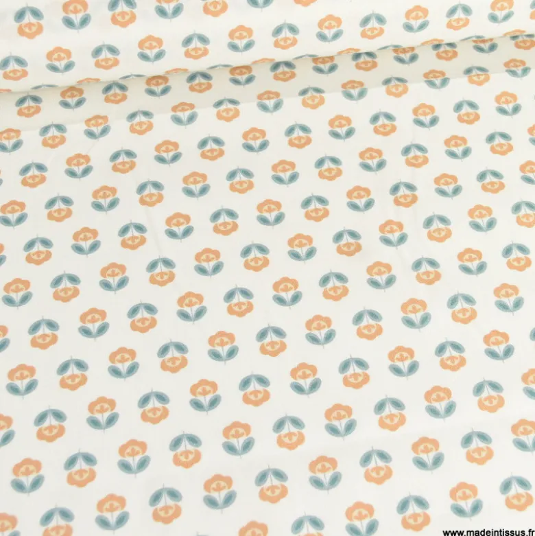 Tissu popeline petites fleurs retro Camel et Paon - exclusif