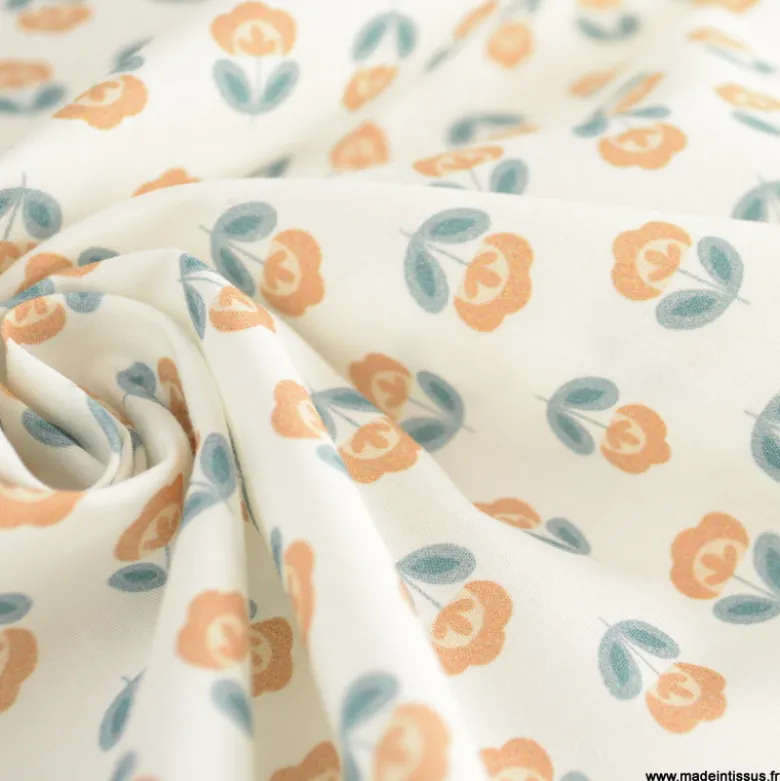 Tissu popeline petites fleurs retro Camel et Paon - exclusif
