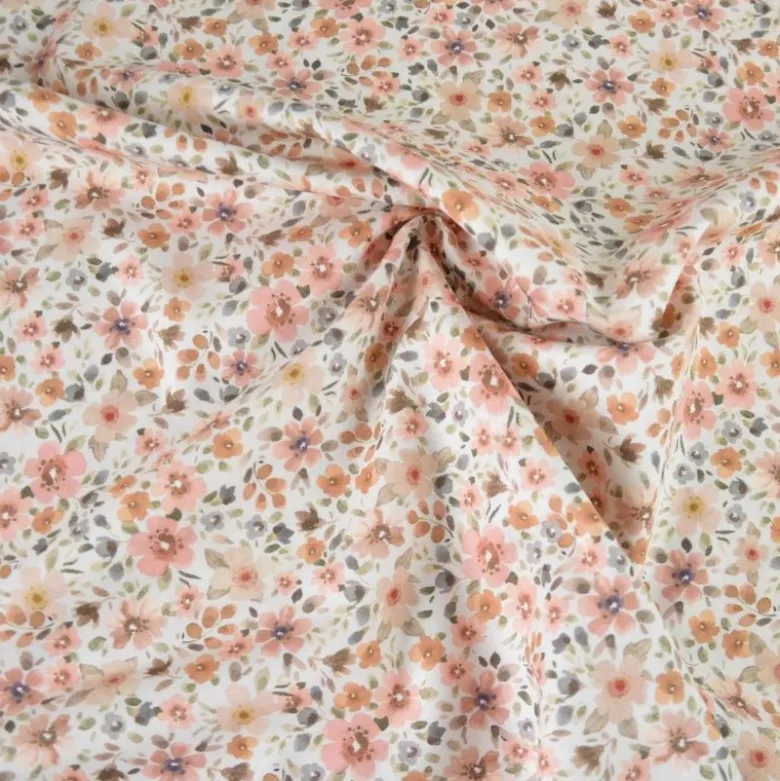 Tissu popeline Poppy motifs Fleurs pêche et camel - OEKO TEX