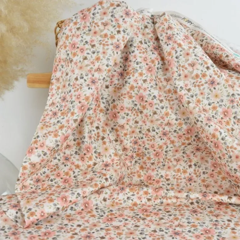 Tissu popeline Poppy motifs Fleurs pêche et camel - OEKO TEX