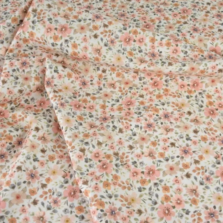 Tissu popeline Poppy motifs Fleurs pêche et camel - OEKO TEX