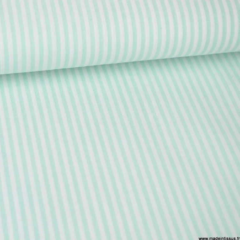 Tissu popeline à rayures Menthe et blanches tissé teint - OEKO TEX