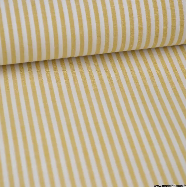 Tissu popeline à rayures Moutarde et blanches tissé teint - OEKO TEX