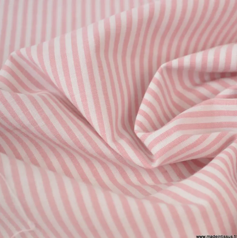 Tissu popeline à rayures Vieux roses et blanches tissé teint - OEKO TEX
