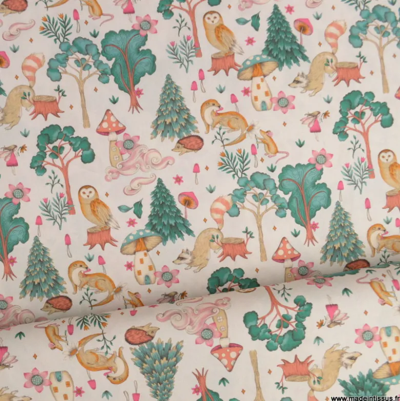 Tissu Poppy popeline motif animaux de la foret enchantée fond beige - OEKO TEX