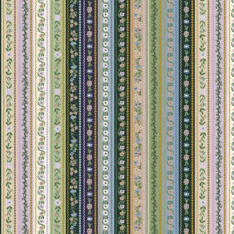Tissu Rifle Paper motif rayures vertes, lilas et bleu - Collection Gracie