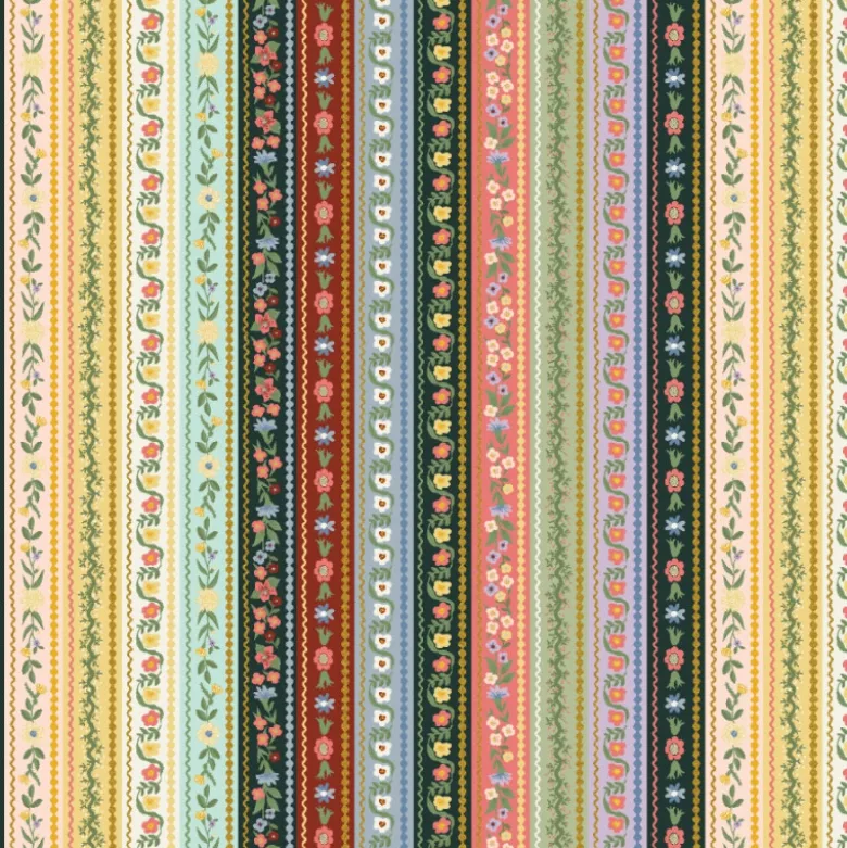 Tissu Rifle Paper motif rayures roses, bordeaux et vertes - Collection Gracie