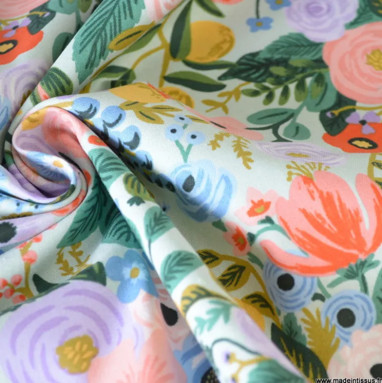 Tissu Rifle Paper Orchard motif fleurs grand motif fond vert menthe - Collection Garden Party