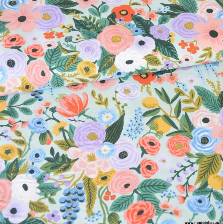 Tissu Rifle Paper Orchard motif fleurs grand motif fond vert menthe - Collection Garden Party