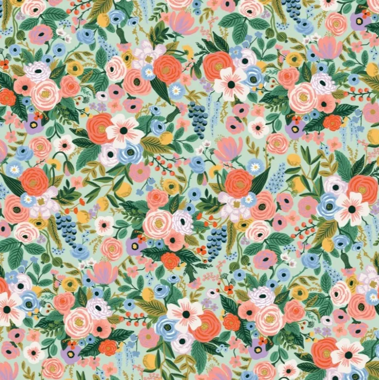 Tissu Rifle Paper Orchard motif fleurs grand motif fond vert menthe - Collection Garden Party