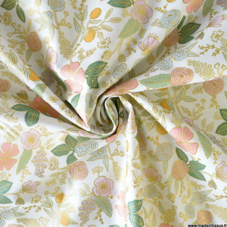 Tissu Rifle Paper Orchard motif petites fleurs métallisées fond écru - Collection Garden Party