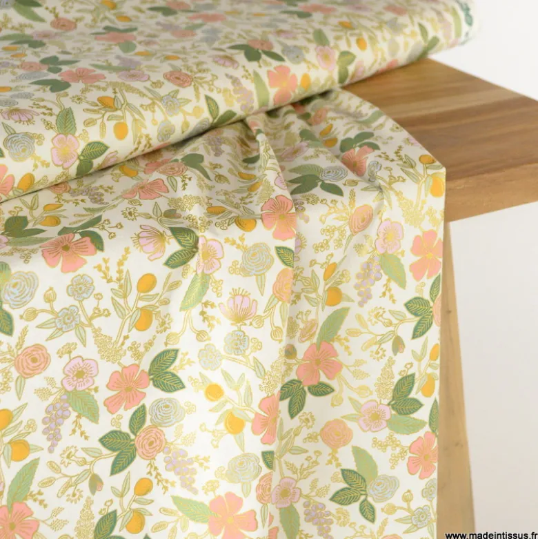 Tissu Rifle Paper Orchard motif petites fleurs métallisées fond écru - Collection Garden Party