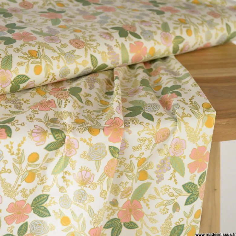 Tissu Rifle Paper Orchard motif petites fleurs métallisées fond écru - Collection Garden Party