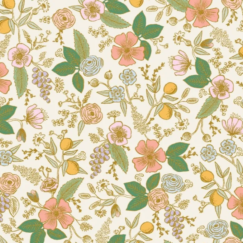 Tissu Rifle Paper Orchard motif petites fleurs métallisées fond écru - Collection Garden Party