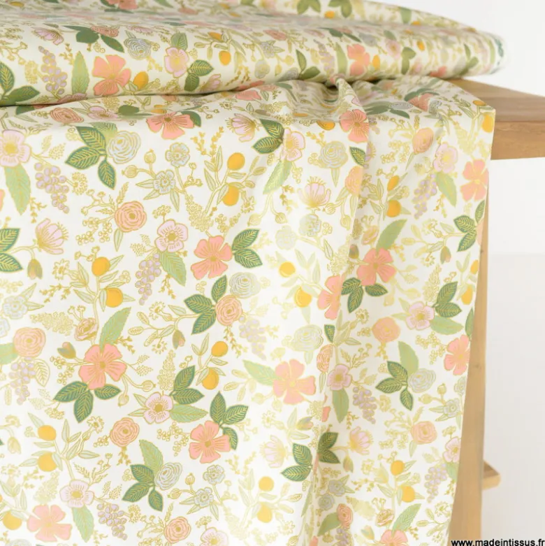 Tissu Rifle Paper Orchard motif petites fleurs métallisées fond écru - Collection Garden Party