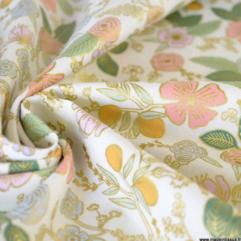 Tissu Rifle Paper Orchard motif petites fleurs métallisées fond écru - Collection Garden Party
