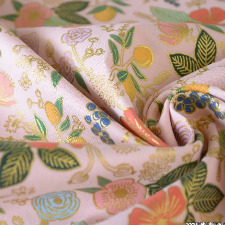 Tissu Rifle Paper Orchard motif petites fleurs Blush métallisé - Collection Garden Party