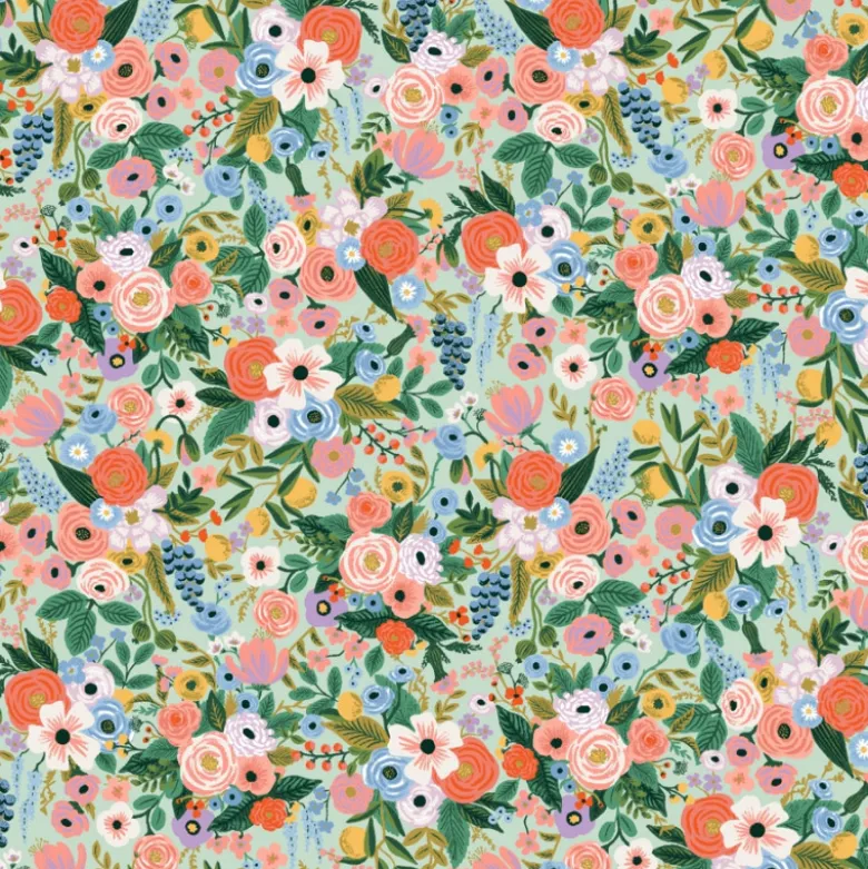 Tissu Rifle Paper Orchard motif petites fleurs fond menthe - Collection Garden Party