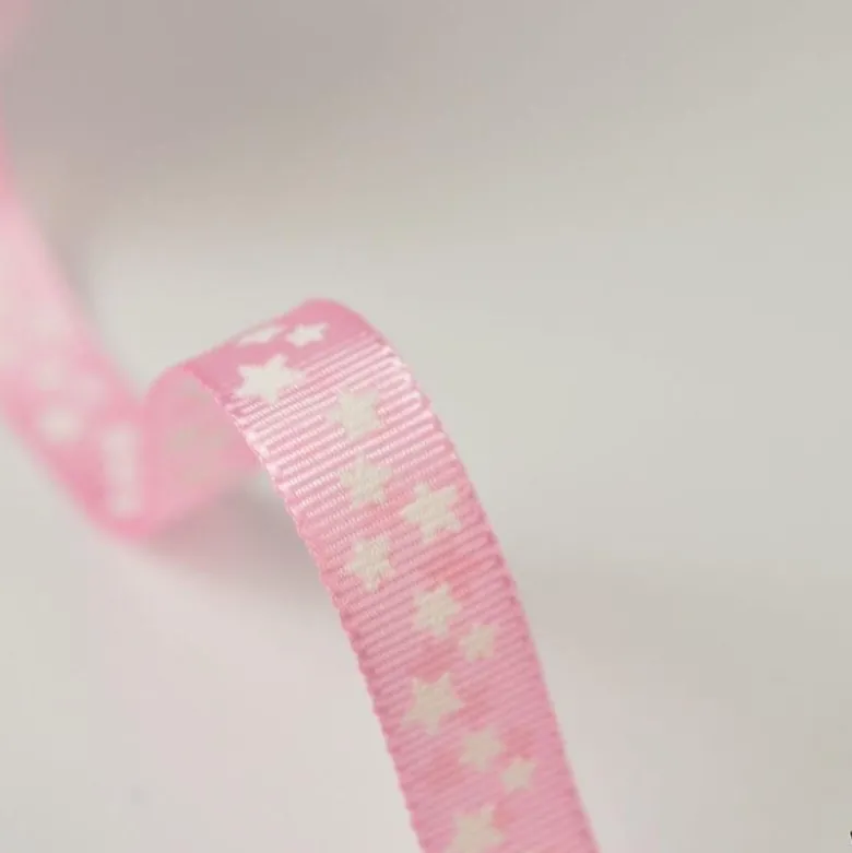 Tissu Ruban gros grain Rose étoiles blanches, 10 mm